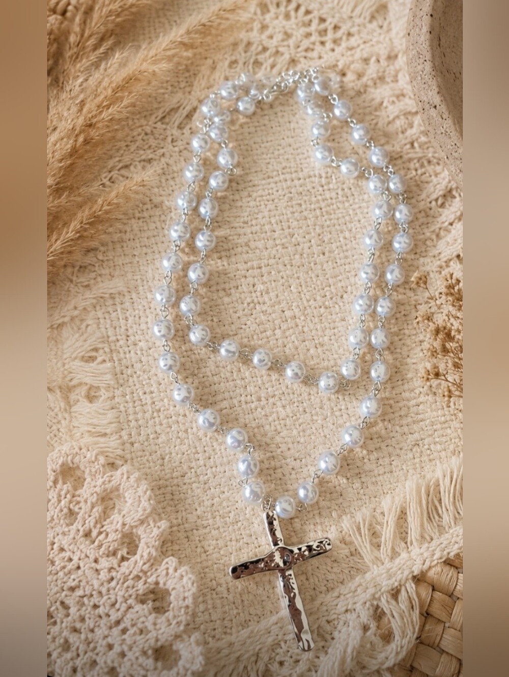 Pearl Rosary Necklace with Hammered Silver Cross - White